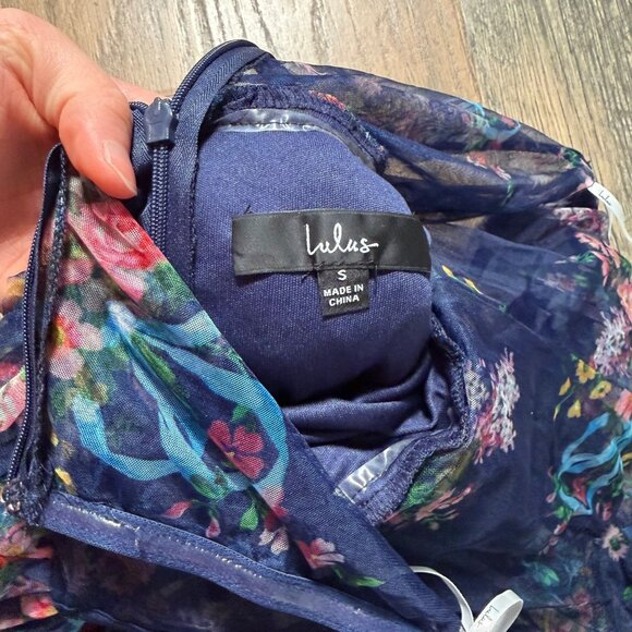 Lulus Stunning Element Navy Floral Mesh Ruffled Strapless Maxi Dress Size S NWOT - Picture 5 of 6